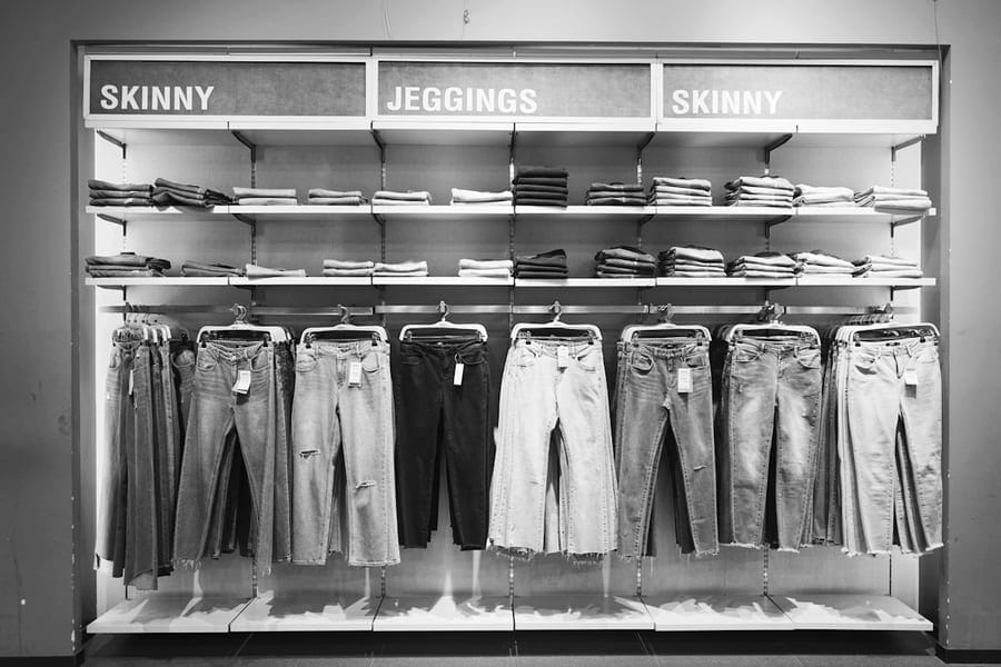 Look 02 — denim arranged on a store display
